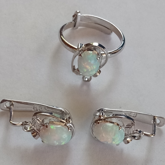 Opal Sterling Silver Adjustable Ring And Earrings Set - Picture 1 of 12